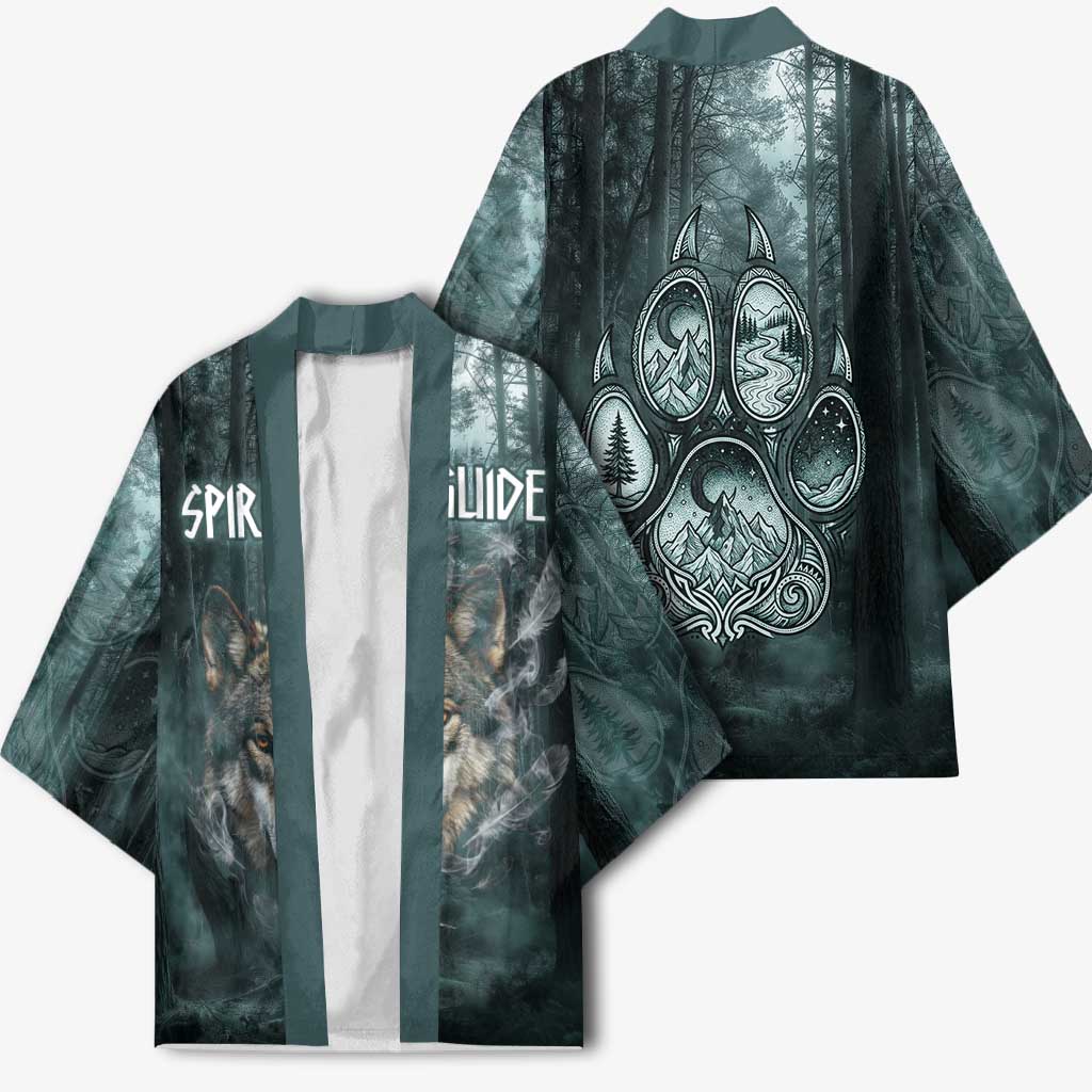 Spirit Guide Wolf Kimono with Forest Background Tribal Paw Print with Nature Symbols Native American - Wonder Print Shop