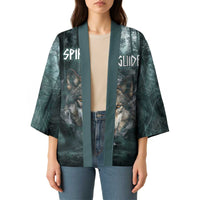 Spirit Guide Wolf Kimono with Forest Background Tribal Paw Print with Nature Symbols Native American - Wonder Print Shop
