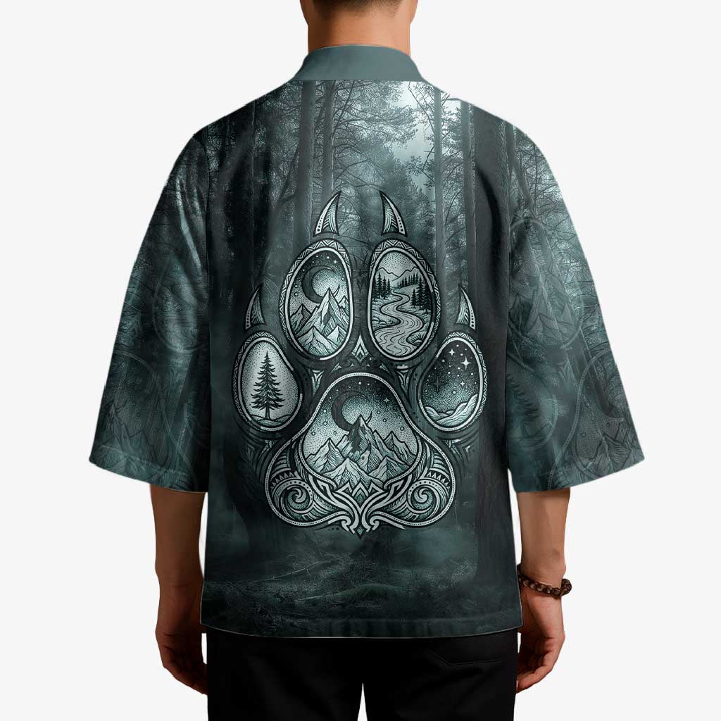 Spirit Guide Wolf Kimono with Forest Background Tribal Paw Print with Nature Symbols Native American - Wonder Print Shop