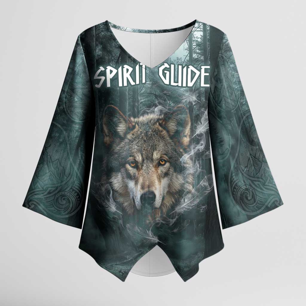 Spirit Guide Wolf Kimono Sleeve Blouse with Forest Background Tribal Paw Print with Nature Symbols Native American - Wonder Print Shop