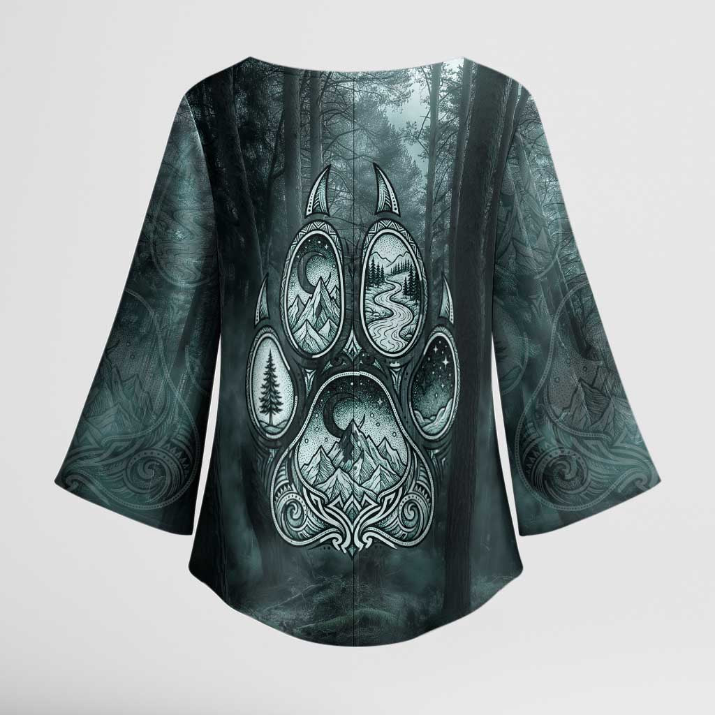 Spirit Guide Wolf Kimono Sleeve Blouse with Forest Background Tribal Paw Print with Nature Symbols Native American - Wonder Print Shop