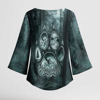 Spirit Guide Wolf Kimono Sleeve Blouse with Forest Background Tribal Paw Print with Nature Symbols Native American - Wonder Print Shop