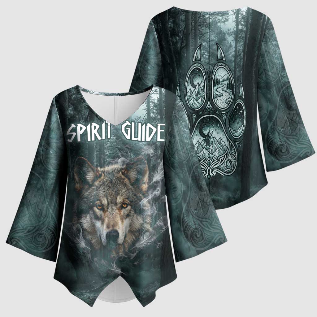 Spirit Guide Wolf Kimono Sleeve Blouse with Forest Background Tribal Paw Print with Nature Symbols Native American - Wonder Print Shop