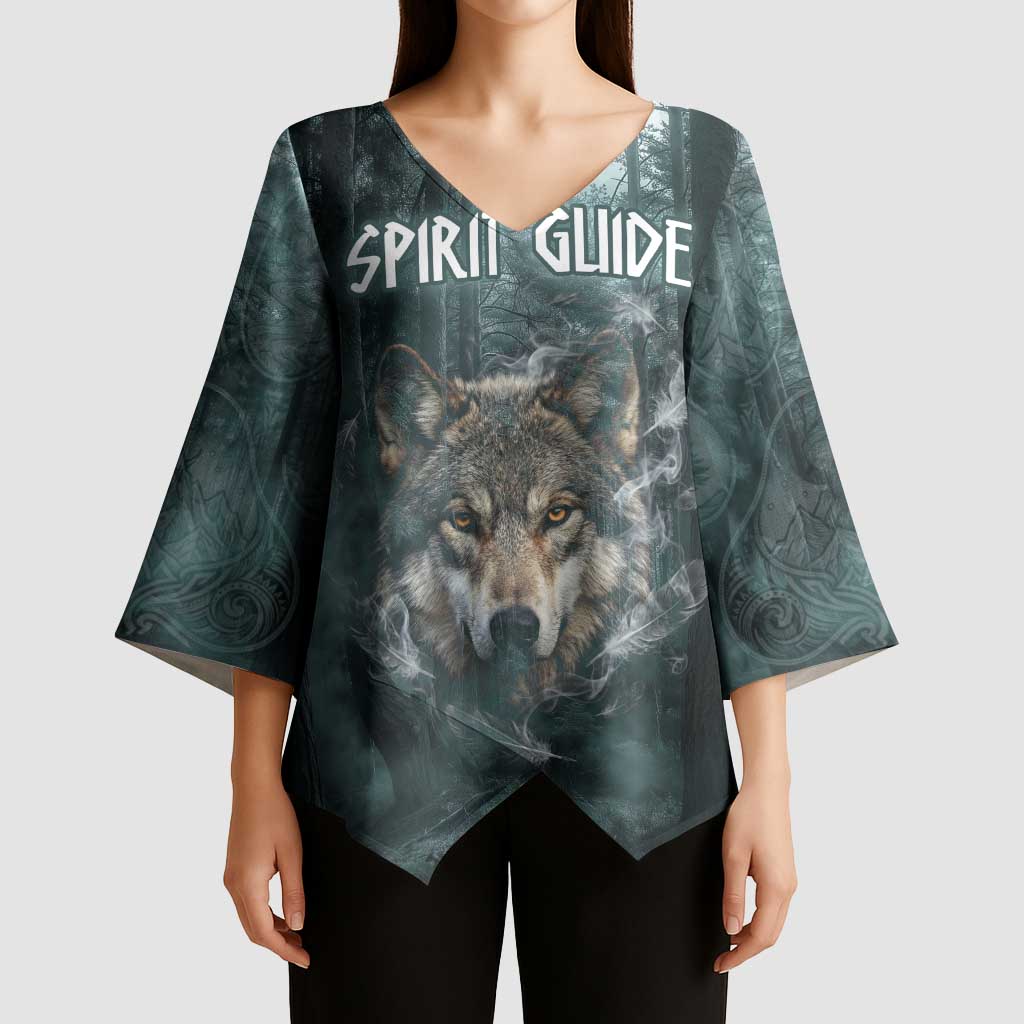 Spirit Guide Wolf Kimono Sleeve Blouse with Forest Background Tribal Paw Print with Nature Symbols Native American - Wonder Print Shop
