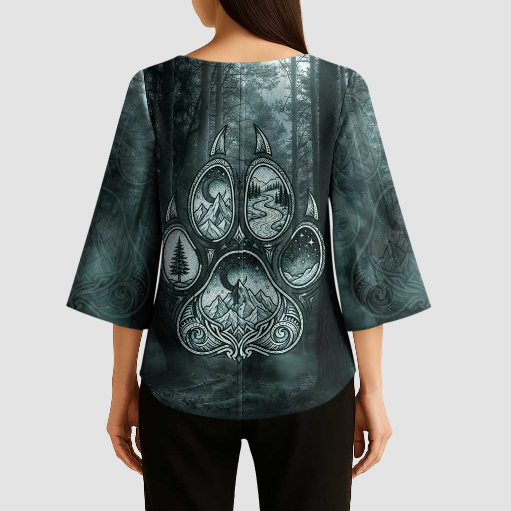 Spirit Guide Wolf Kimono Sleeve Blouse with Forest Background Tribal Paw Print with Nature Symbols Native American - Wonder Print Shop