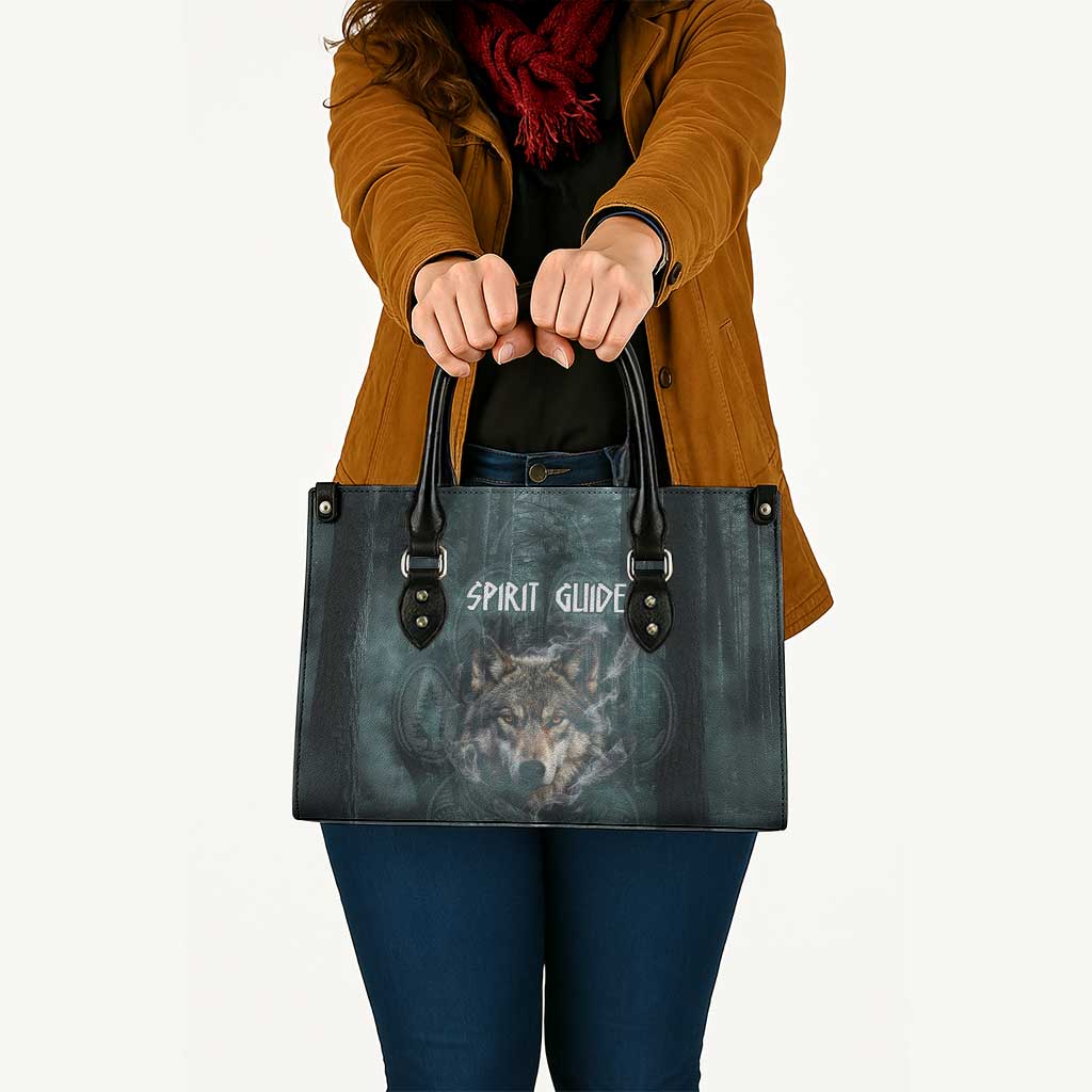 Spirit Guide Wolf Leather Bag with Forest Background Tribal Paw Print with Nature Symbols Native American - Wonder Print Shop
