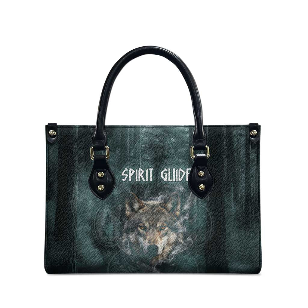 Spirit Guide Wolf Leather Bag with Forest Background Tribal Paw Print with Nature Symbols Native American - Wonder Print Shop