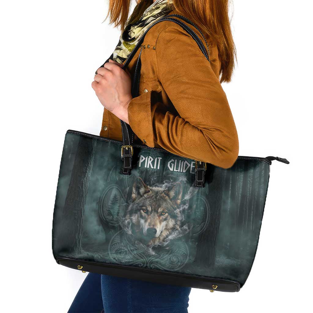 Spirit Guide Wolf Leather Tote Bag with Forest Background Tribal Paw Print with Nature Symbols Native American - Wonder Print Shop