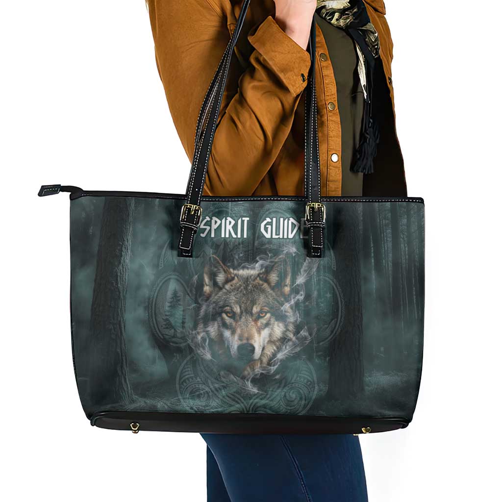 Spirit Guide Wolf Leather Tote Bag with Forest Background Tribal Paw Print with Nature Symbols Native American - Wonder Print Shop