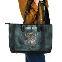 Spirit Guide Wolf Leather Tote Bag with Forest Background Tribal Paw Print with Nature Symbols Native American - Wonder Print Shop