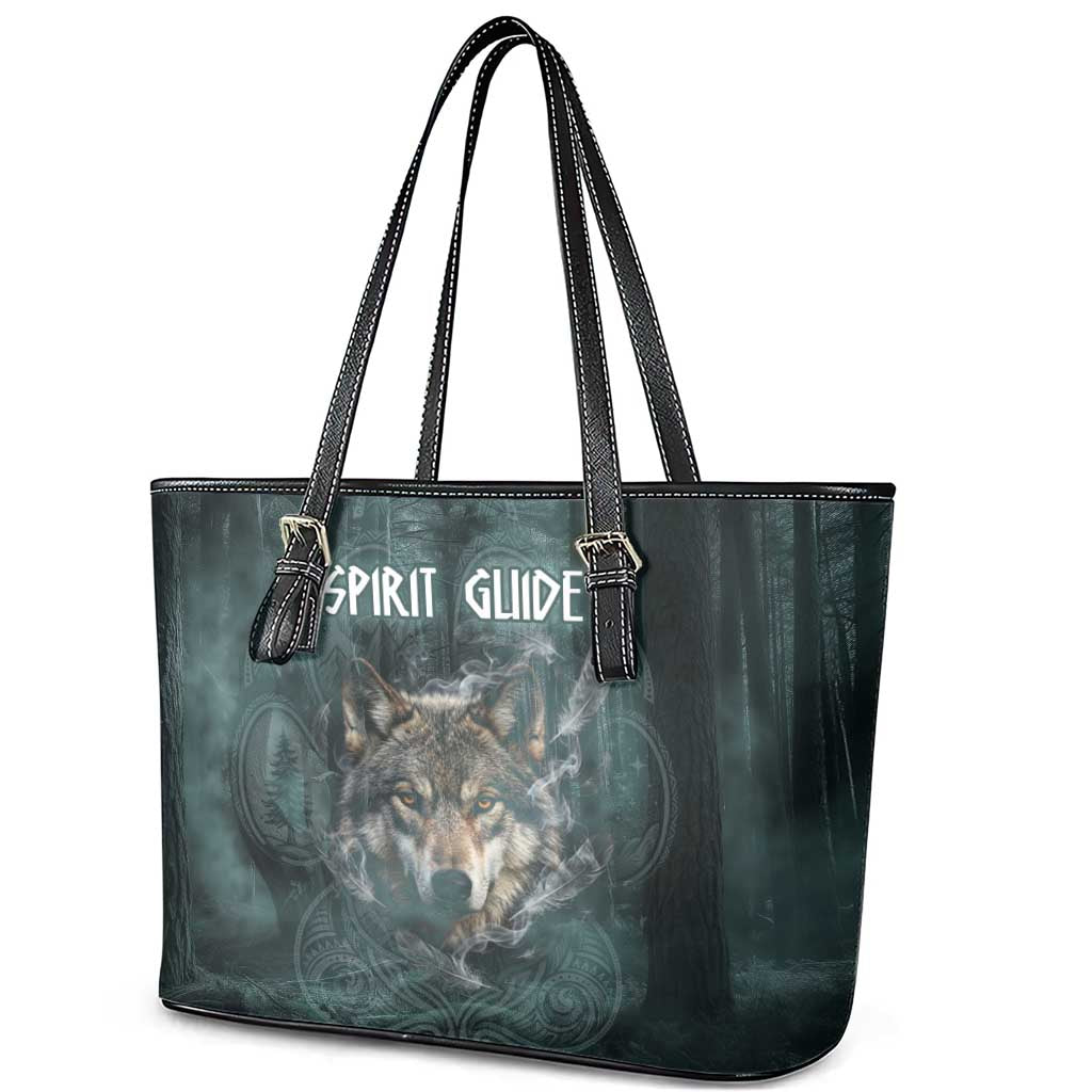 Spirit Guide Wolf Leather Tote Bag with Forest Background Tribal Paw Print with Nature Symbols Native American - Wonder Print Shop