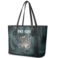 Spirit Guide Wolf Leather Tote Bag with Forest Background Tribal Paw Print with Nature Symbols Native American - Wonder Print Shop