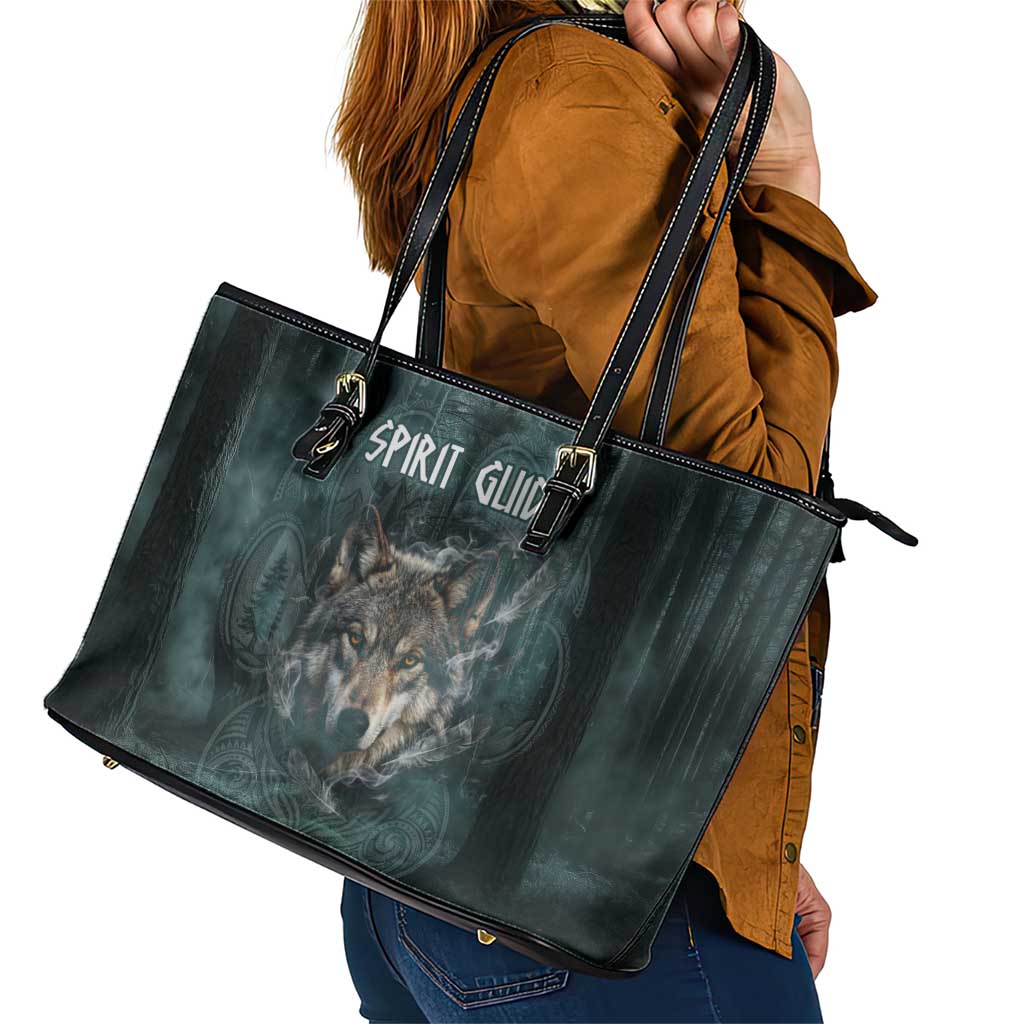 Spirit Guide Wolf Leather Tote Bag with Forest Background Tribal Paw Print with Nature Symbols Native American - Wonder Print Shop