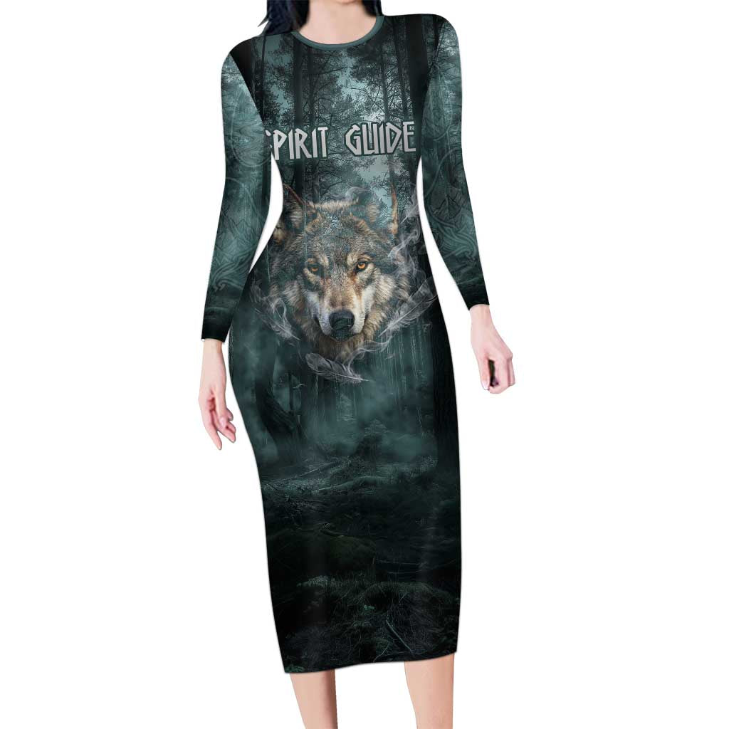 Spirit Guide Wolf Long Sleeve Bodycon Dress with Forest Background Tribal Paw Print with Nature Symbols Native American - Wonder Print Shop