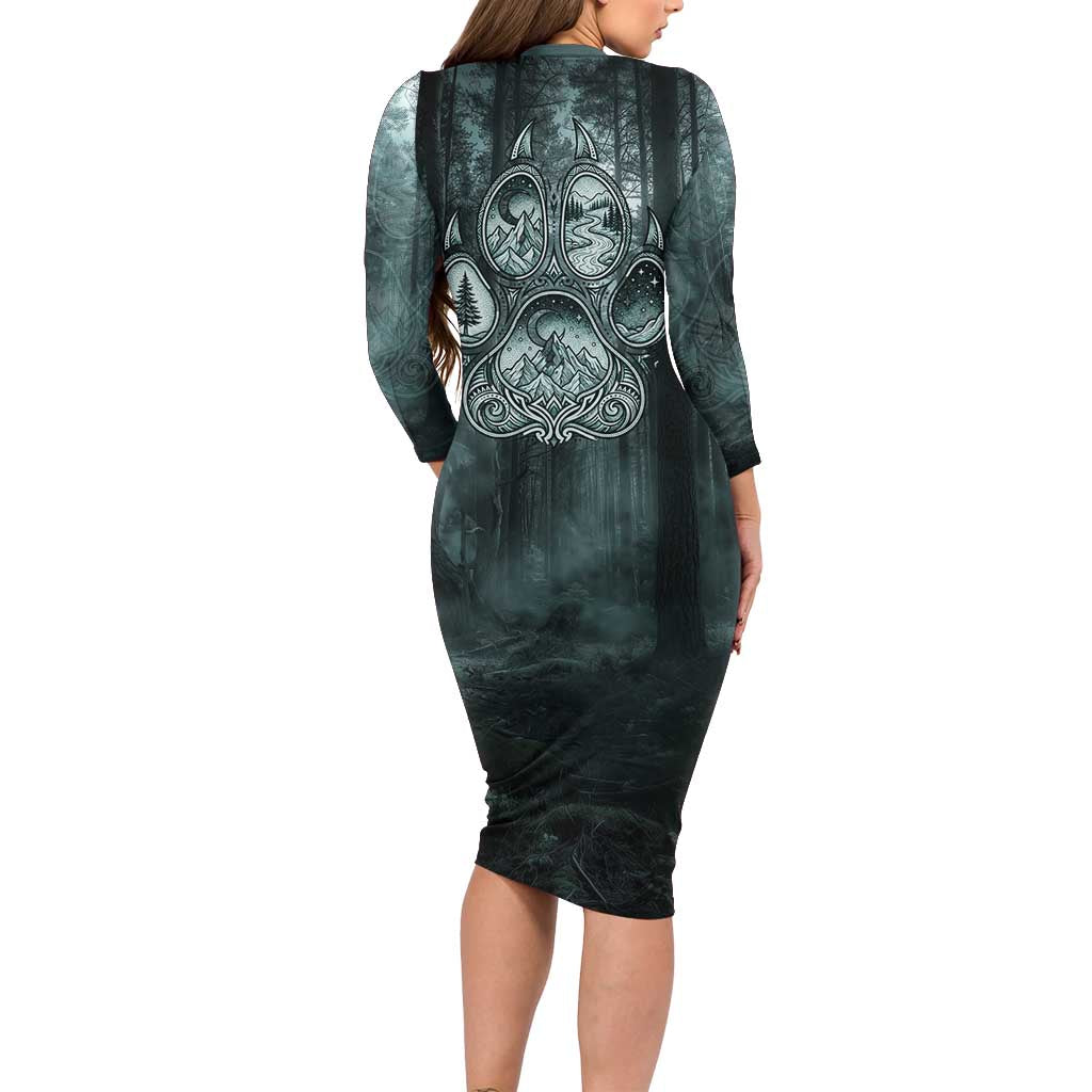 Spirit Guide Wolf Long Sleeve Bodycon Dress with Forest Background Tribal Paw Print with Nature Symbols Native American - Wonder Print Shop