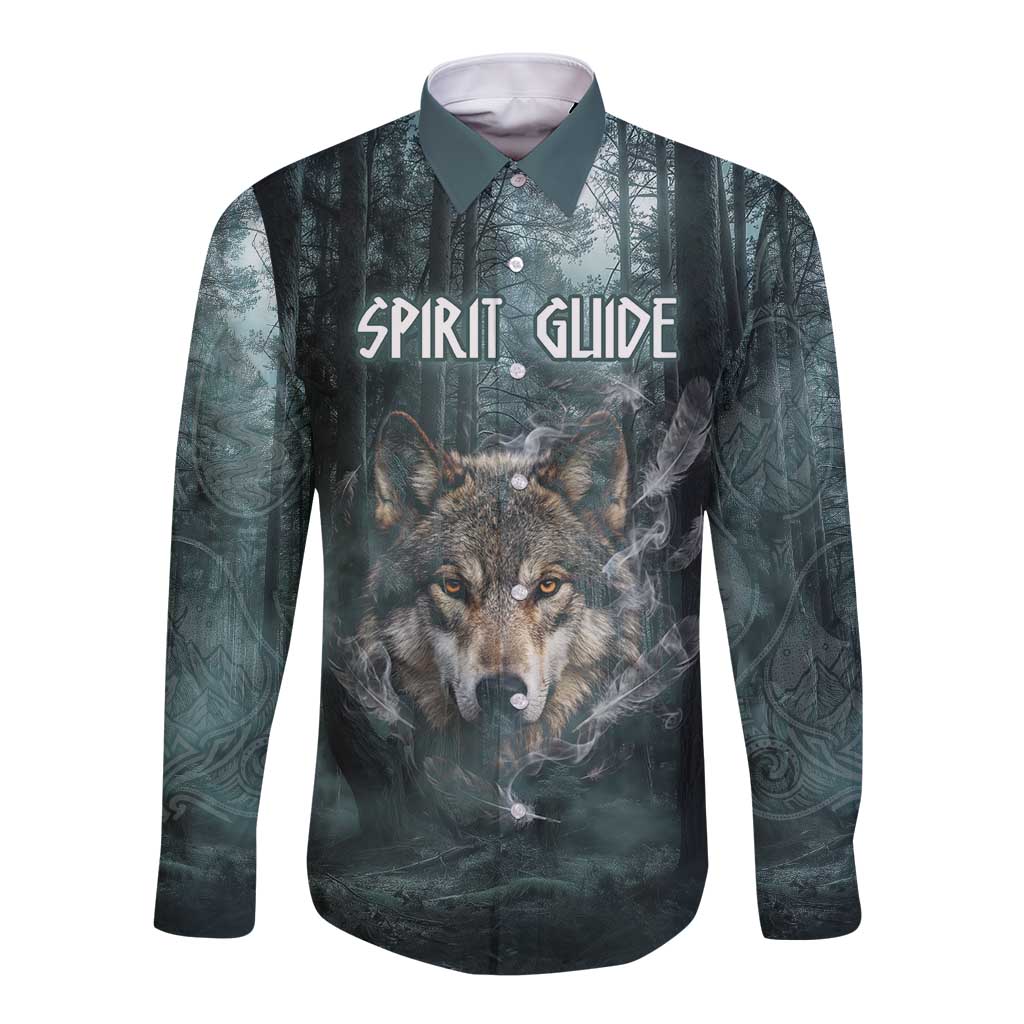 Spirit Guide Wolf Long Sleeve Button Shirt with Forest Background Tribal Paw Print with Nature Symbols Native American - Wonder Print Shop