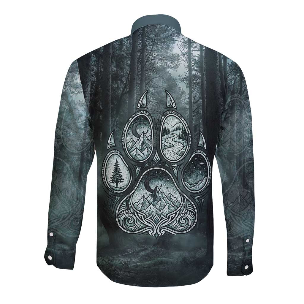 Spirit Guide Wolf Long Sleeve Button Shirt with Forest Background Tribal Paw Print with Nature Symbols Native American - Wonder Print Shop