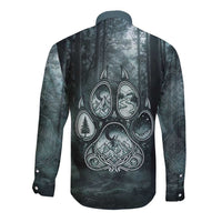 Spirit Guide Wolf Long Sleeve Button Shirt with Forest Background Tribal Paw Print with Nature Symbols Native American - Wonder Print Shop