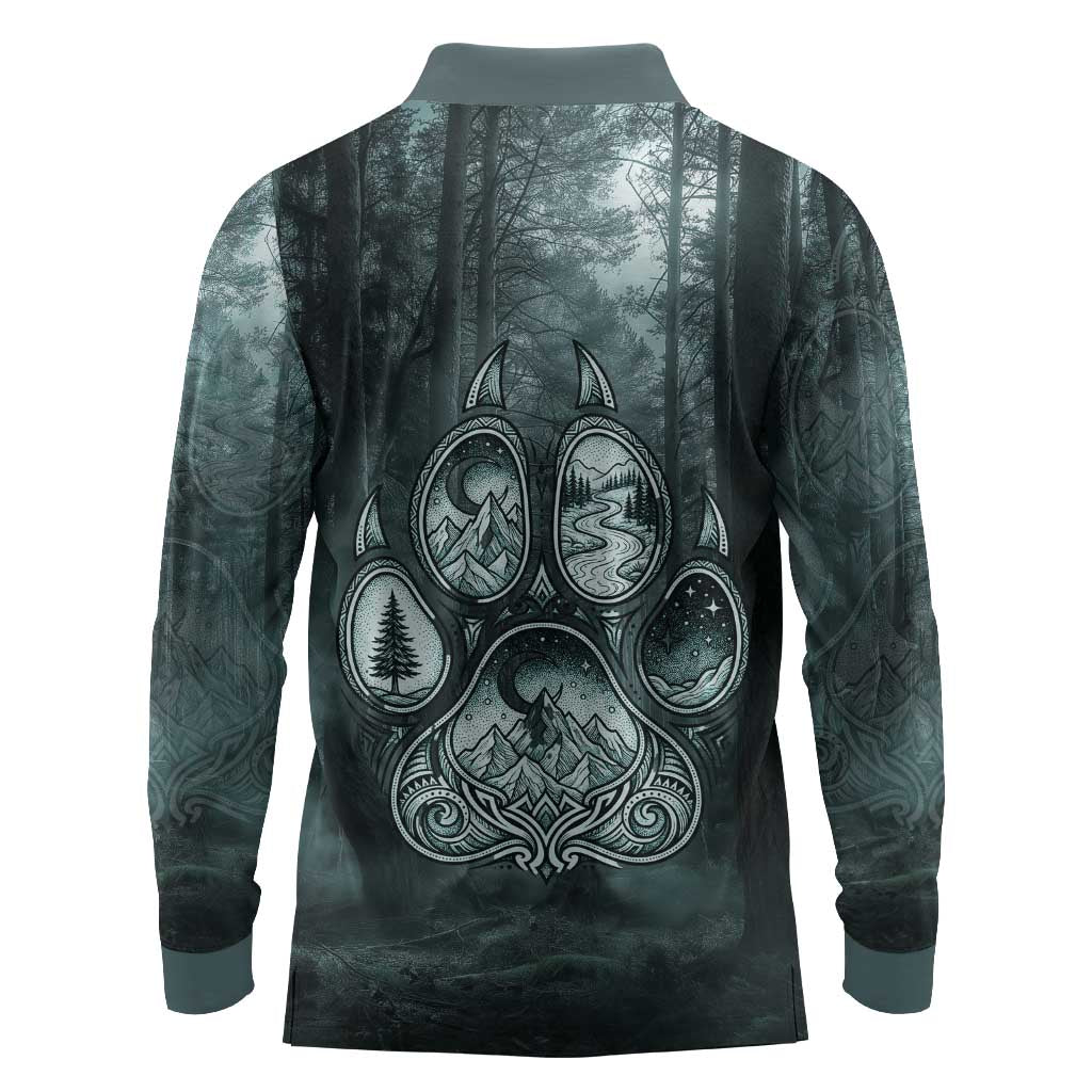 Spirit Guide Wolf Long Sleeve Polo Shirt with Forest Background Tribal Paw Print with Nature Symbols Native American - Wonder Print Shop