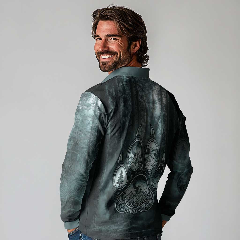 Spirit Guide Wolf Long Sleeve Polo Shirt with Forest Background Tribal Paw Print with Nature Symbols Native American - Wonder Print Shop