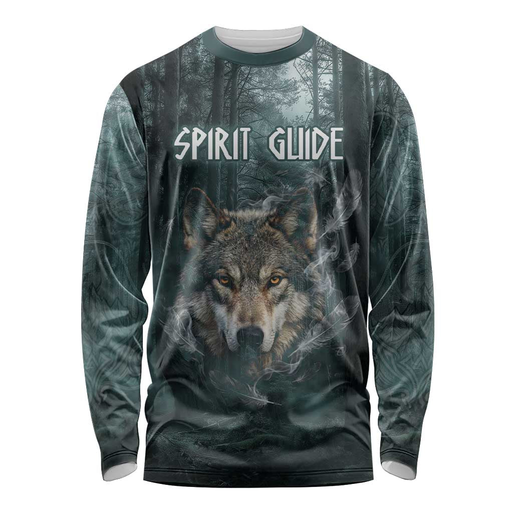 Spirit Guide Wolf Long Sleeve Shirt with Forest Background Tribal Paw Print with Nature Symbols Native American - Wonder Print Shop