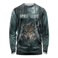 Spirit Guide Wolf Long Sleeve Shirt with Forest Background Tribal Paw Print with Nature Symbols Native American - Wonder Print Shop
