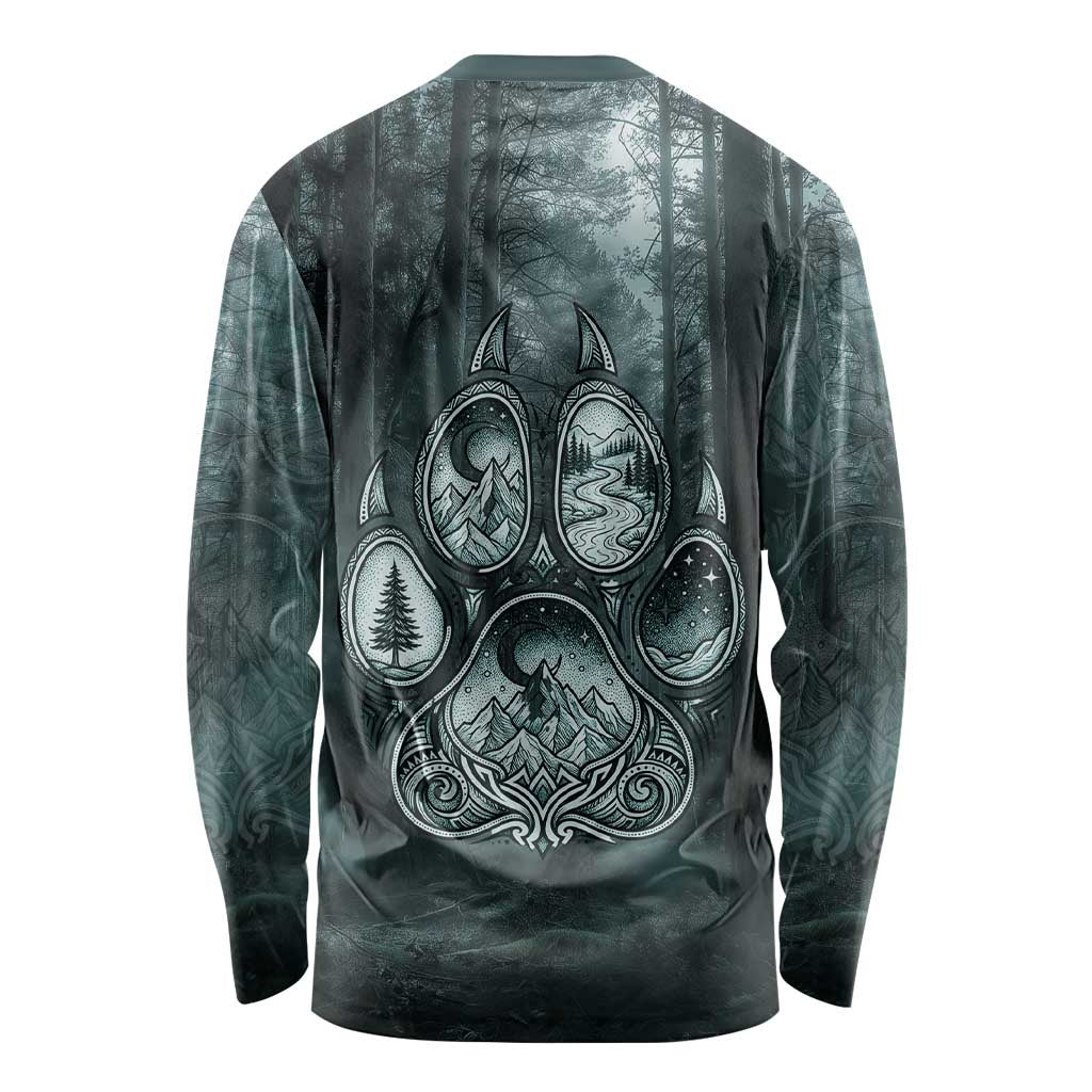 Spirit Guide Wolf Long Sleeve Shirt with Forest Background Tribal Paw Print with Nature Symbols Native American - Wonder Print Shop