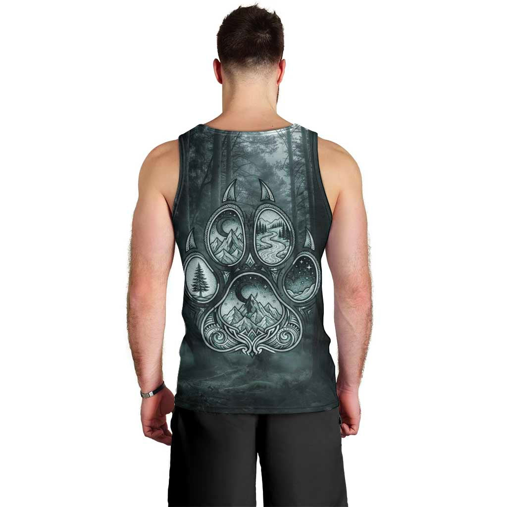 Spirit Guide Wolf Men Tank Top with Forest Background Tribal Paw Print with Nature Symbols Native American - Wonder Print Shop