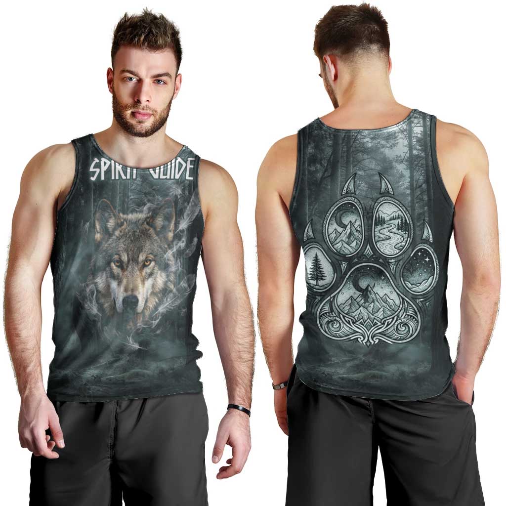 Spirit Guide Wolf Men Tank Top with Forest Background Tribal Paw Print with Nature Symbols Native American - Wonder Print Shop