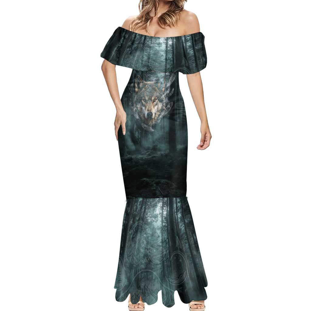 Spirit Guide Wolf Mermaid Dress with Forest Background Tribal Paw Print with Nature Symbols Native American - Wonder Print Shop