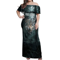 Spirit Guide Wolf Off Shoulder Maxi Dress with Forest Background Tribal Paw Print with Nature Symbols Native American - Wonder Print Shop