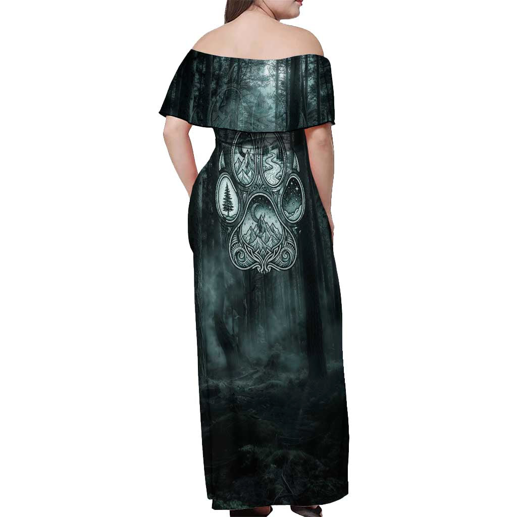 Spirit Guide Wolf Off Shoulder Maxi Dress with Forest Background Tribal Paw Print with Nature Symbols Native American - Wonder Print Shop