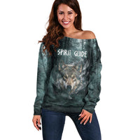 Spirit Guide Wolf Off Shoulder Sweater with Forest Background Tribal Paw Print with Nature Symbols Native American - Wonder Print Shop
