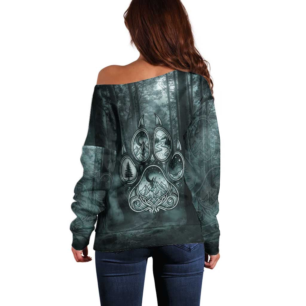 Spirit Guide Wolf Off Shoulder Sweater with Forest Background Tribal Paw Print with Nature Symbols Native American - Wonder Print Shop
