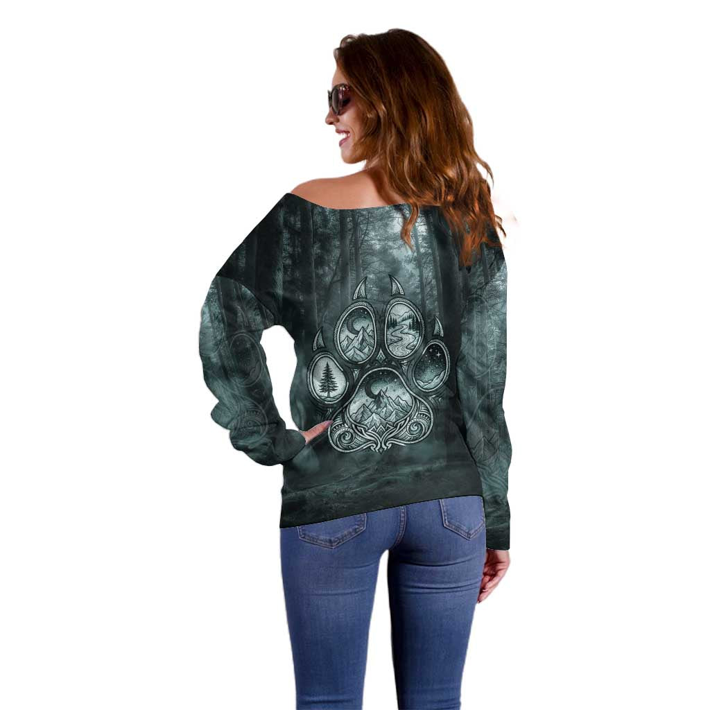 Spirit Guide Wolf Off Shoulder Sweater with Forest Background Tribal Paw Print with Nature Symbols Native American - Wonder Print Shop