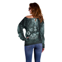 Spirit Guide Wolf Off Shoulder Sweater with Forest Background Tribal Paw Print with Nature Symbols Native American - Wonder Print Shop