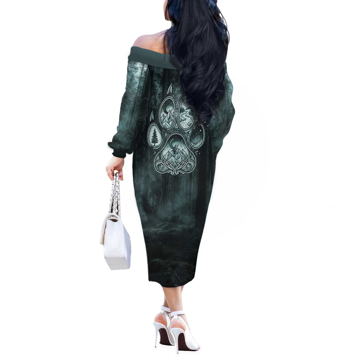 Spirit Guide Wolf Off The Shoulder Long Sleeve Dress with Forest Background Tribal Paw Print with Nature Symbols Native American - Wonder Print Shop