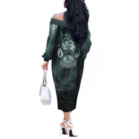 Spirit Guide Wolf Off The Shoulder Long Sleeve Dress with Forest Background Tribal Paw Print with Nature Symbols Native American - Wonder Print Shop