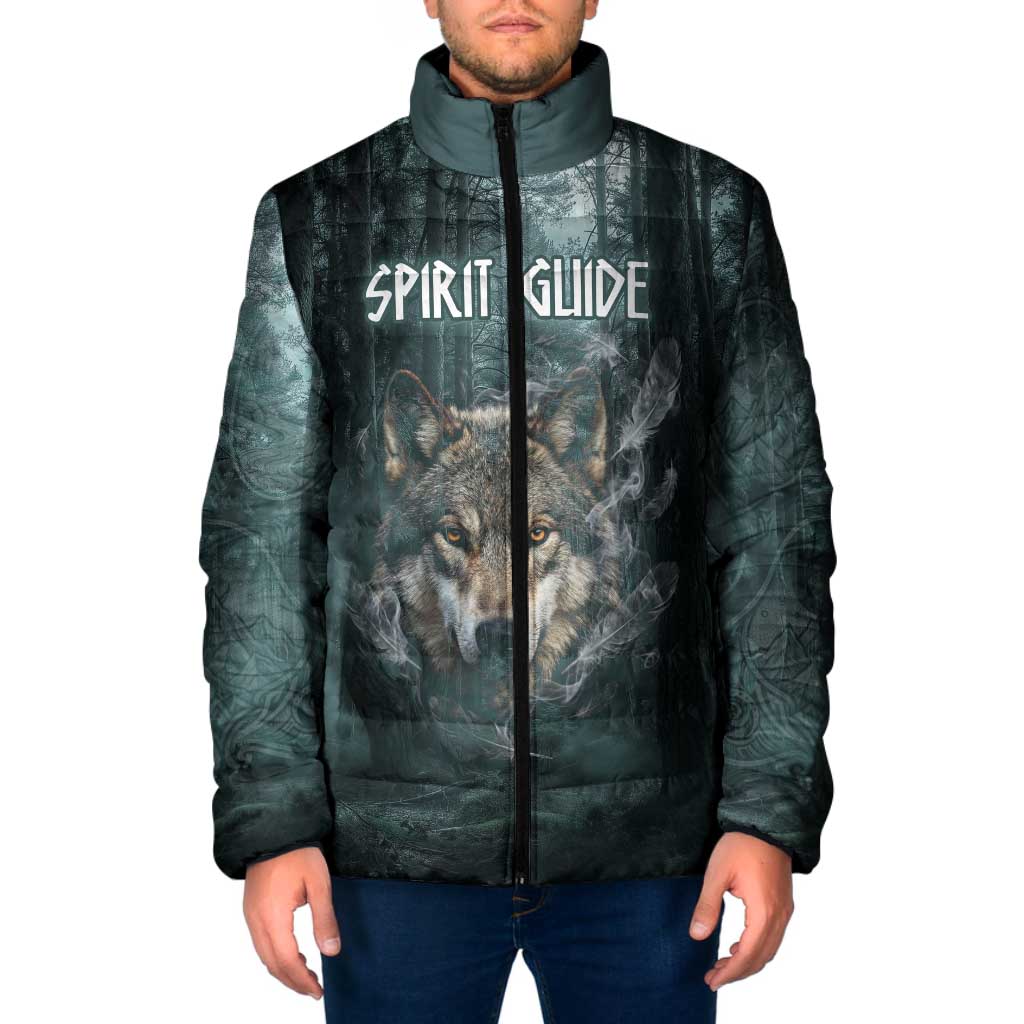 Spirit Guide Wolf Padded Jacket with Forest Background Tribal Paw Print with Nature Symbols Native American - Wonder Print Shop