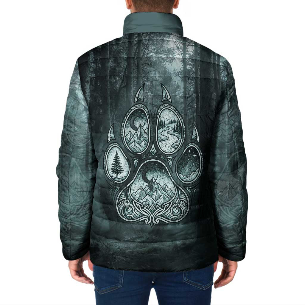 Spirit Guide Wolf Padded Jacket with Forest Background Tribal Paw Print with Nature Symbols Native American - Wonder Print Shop