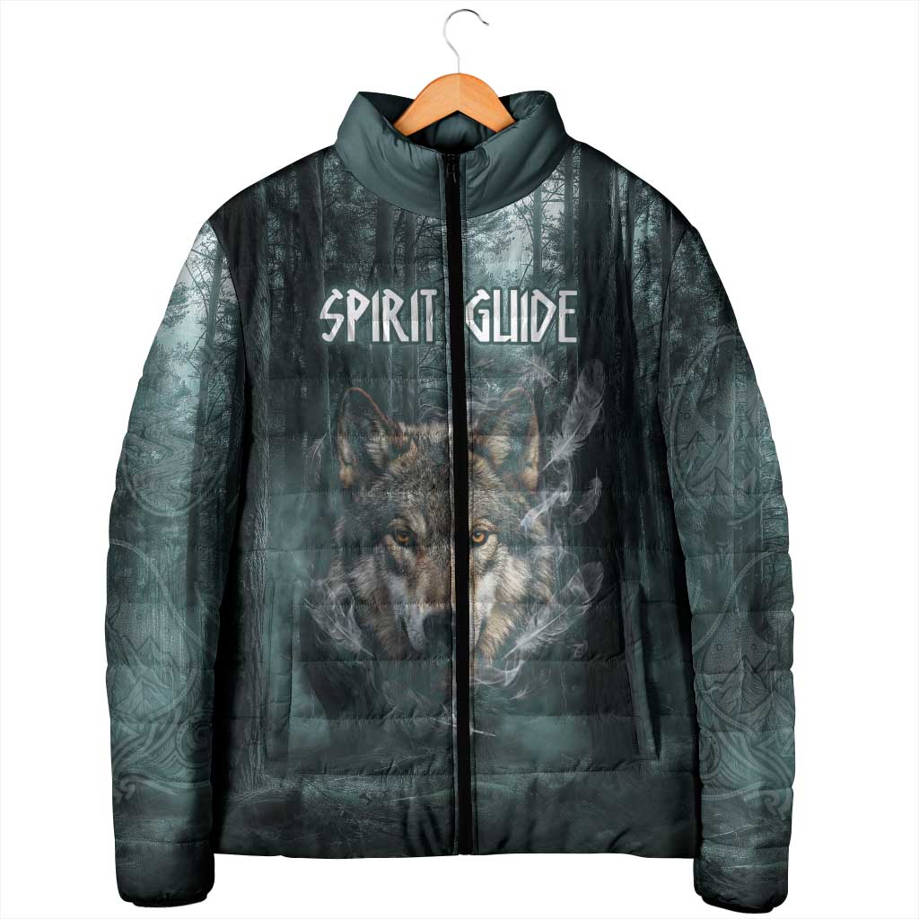 Spirit Guide Wolf Padded Jacket with Forest Background Tribal Paw Print with Nature Symbols Native American - Wonder Print Shop