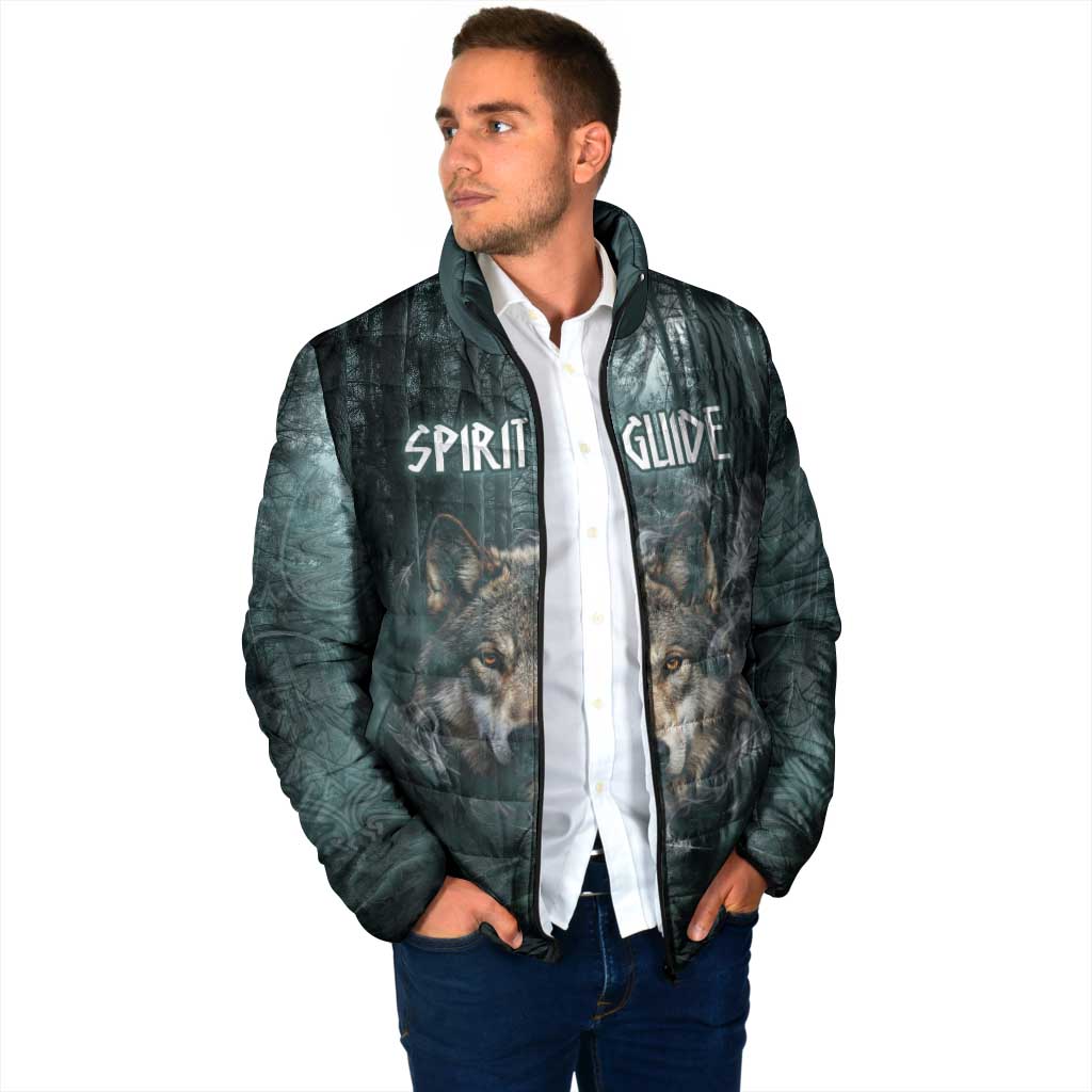 Spirit Guide Wolf Padded Jacket with Forest Background Tribal Paw Print with Nature Symbols Native American - Wonder Print Shop
