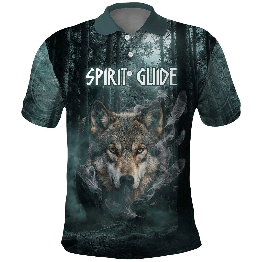 Spirit Guide Wolf Polo Shirt with Forest Background Tribal Paw Print with Nature Symbols Native American - Wonder Print Shop