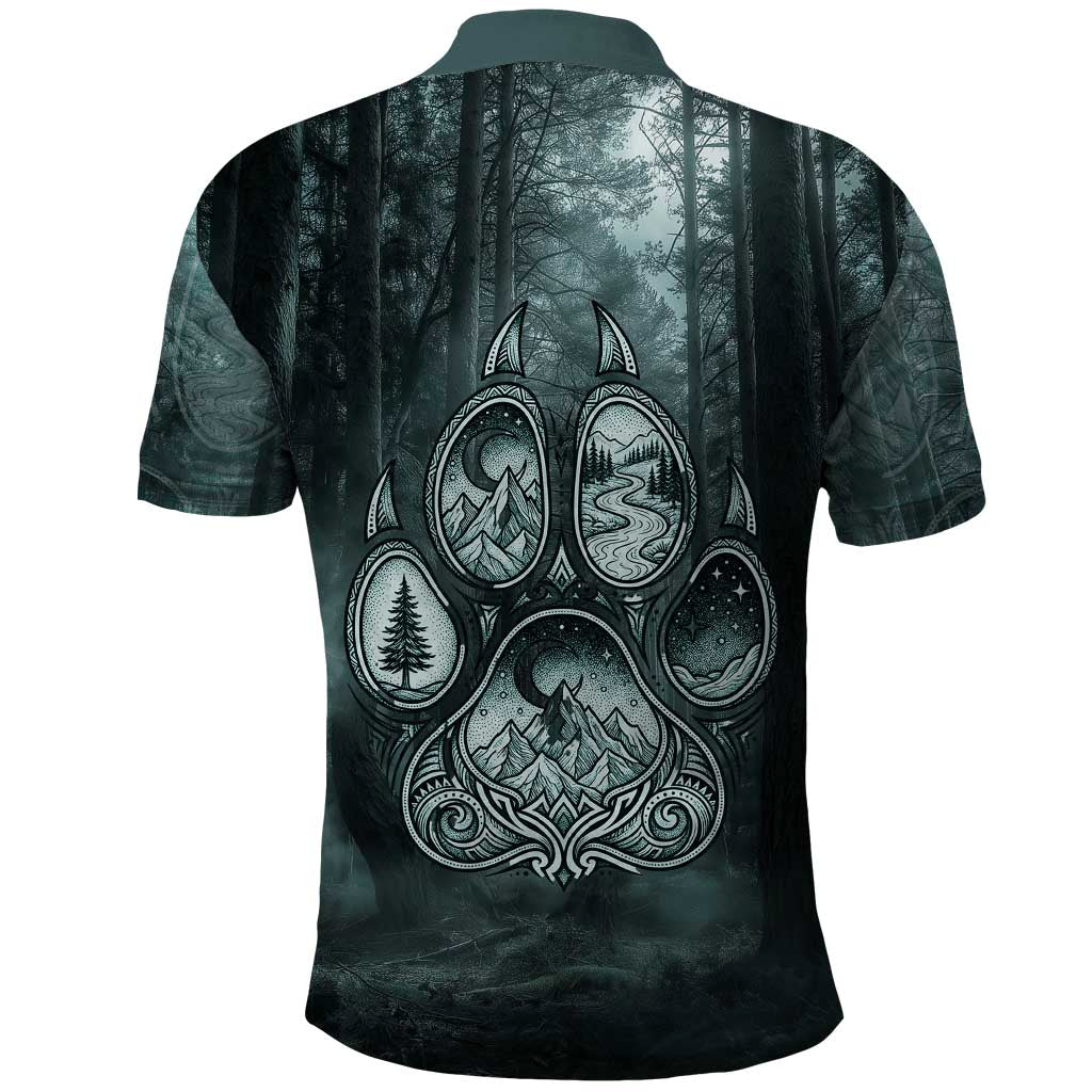 Spirit Guide Wolf Polo Shirt with Forest Background Tribal Paw Print with Nature Symbols Native American - Wonder Print Shop
