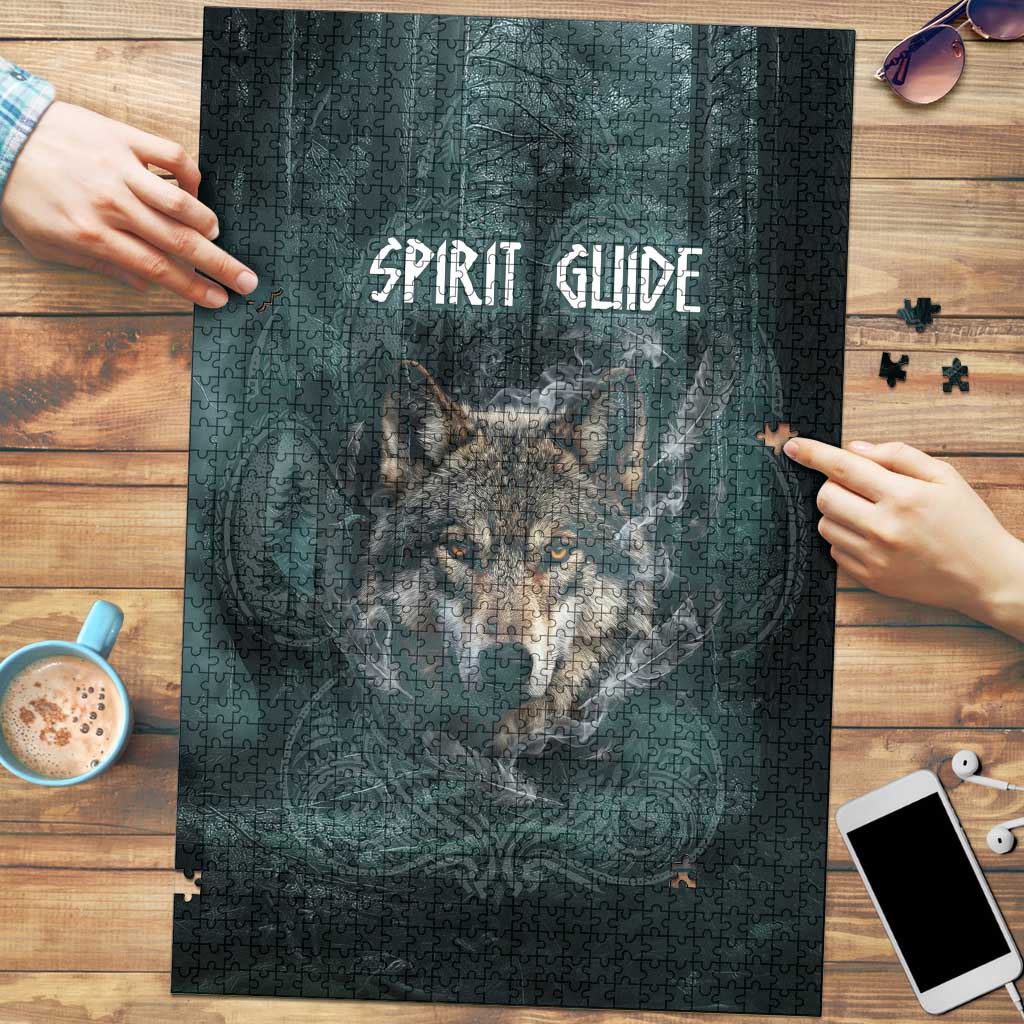 Spirit Guide Wolf Puzzle with Forest Background Tribal Paw Print with Nature Symbols Native American - Wonder Print Shop