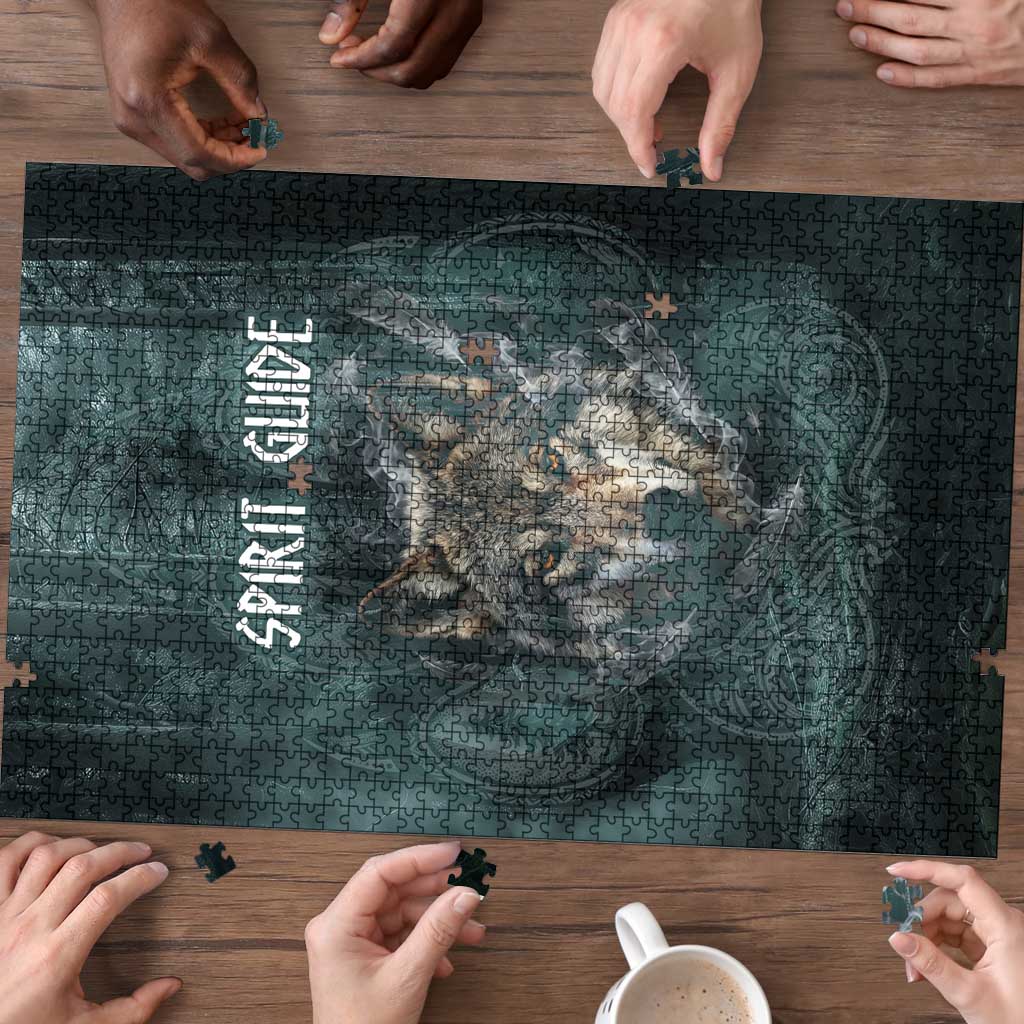 Spirit Guide Wolf Puzzle with Forest Background Tribal Paw Print with Nature Symbols Native American - Wonder Print Shop
