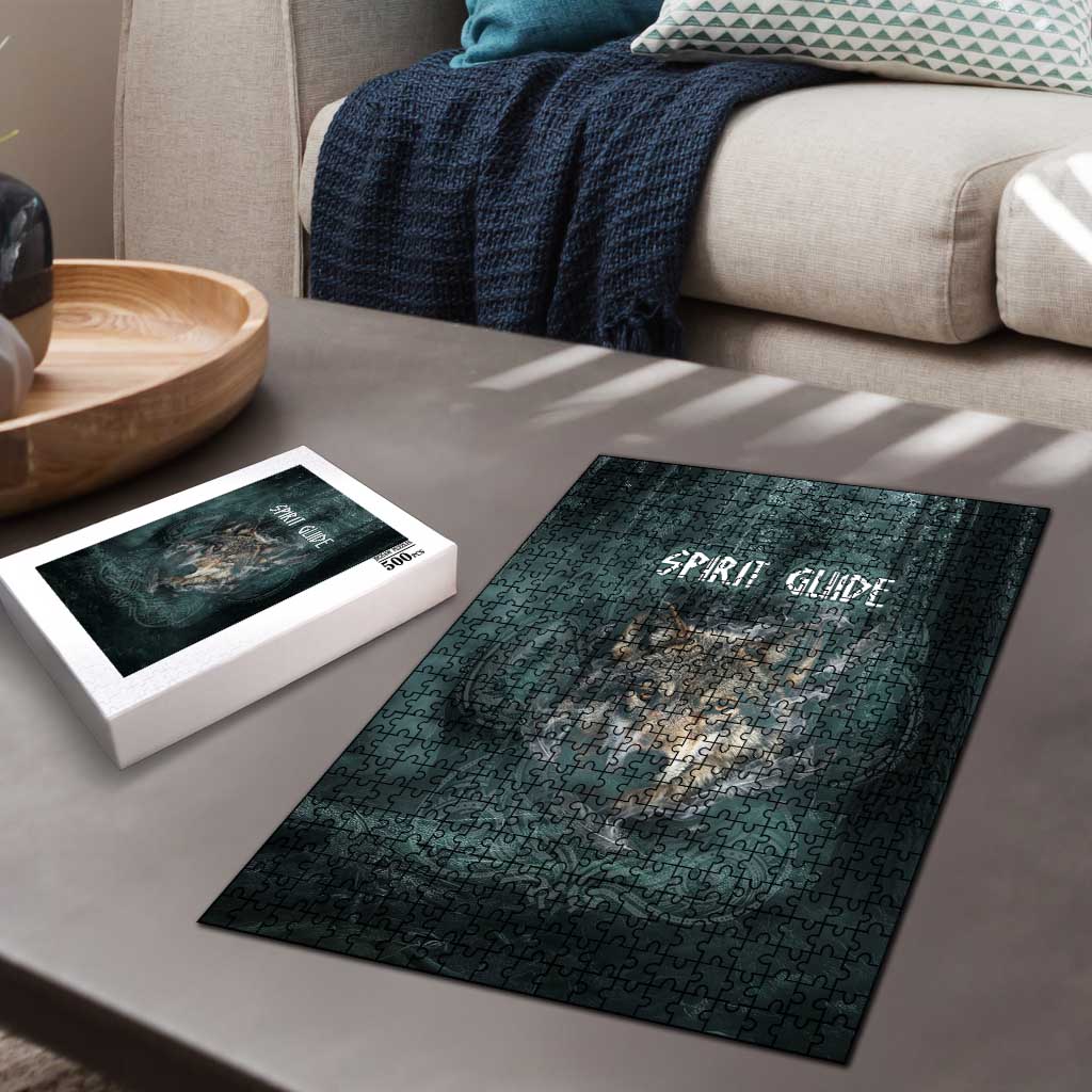 Spirit Guide Wolf Puzzle with Forest Background Tribal Paw Print with Nature Symbols Native American - Wonder Print Shop
