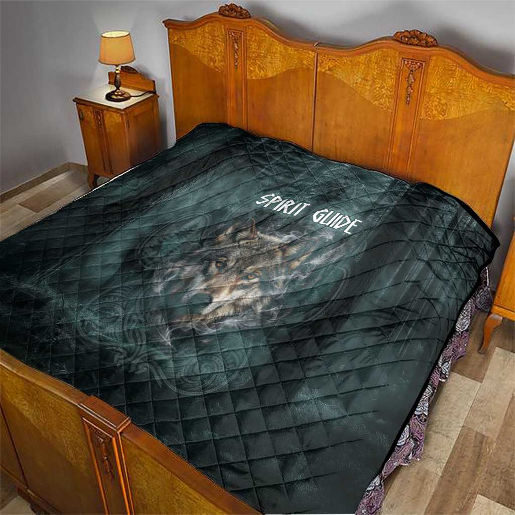 Spirit Guide Wolf Quilt with Forest Background Tribal Paw Print with Nature Symbols Native American - Wonder Print Shop