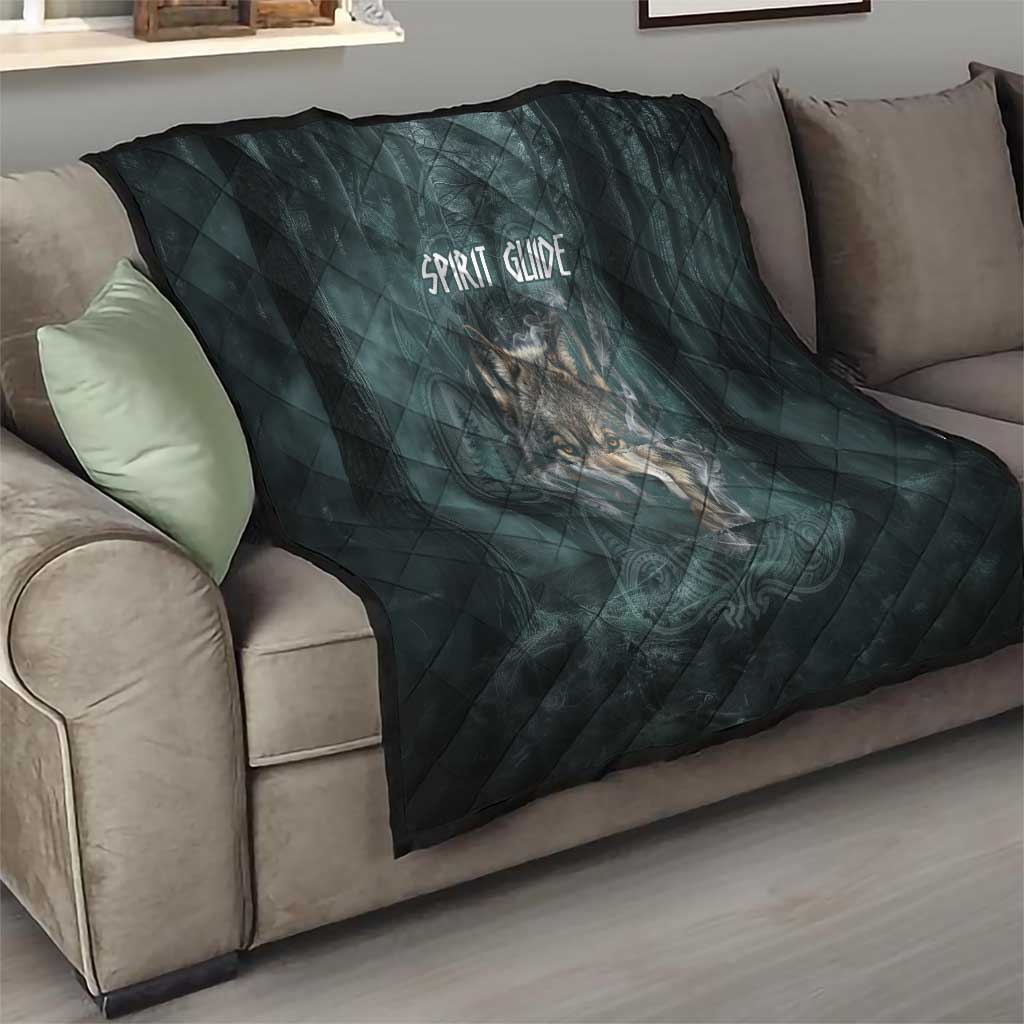 Spirit Guide Wolf Quilt with Forest Background Tribal Paw Print with Nature Symbols Native American - Wonder Print Shop