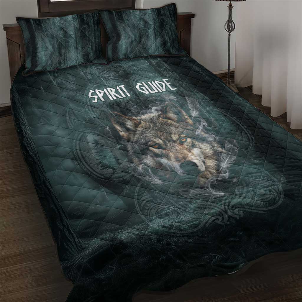 Spirit Guide Wolf Quilt Bed Set with Forest Background Tribal Paw Print with Nature Symbols Native American - Wonder Print Shop